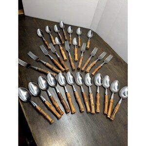 Vtg. Bamboo Flatware  Japan Stainless Steel 30 Pc  Spoons, Forks Natural